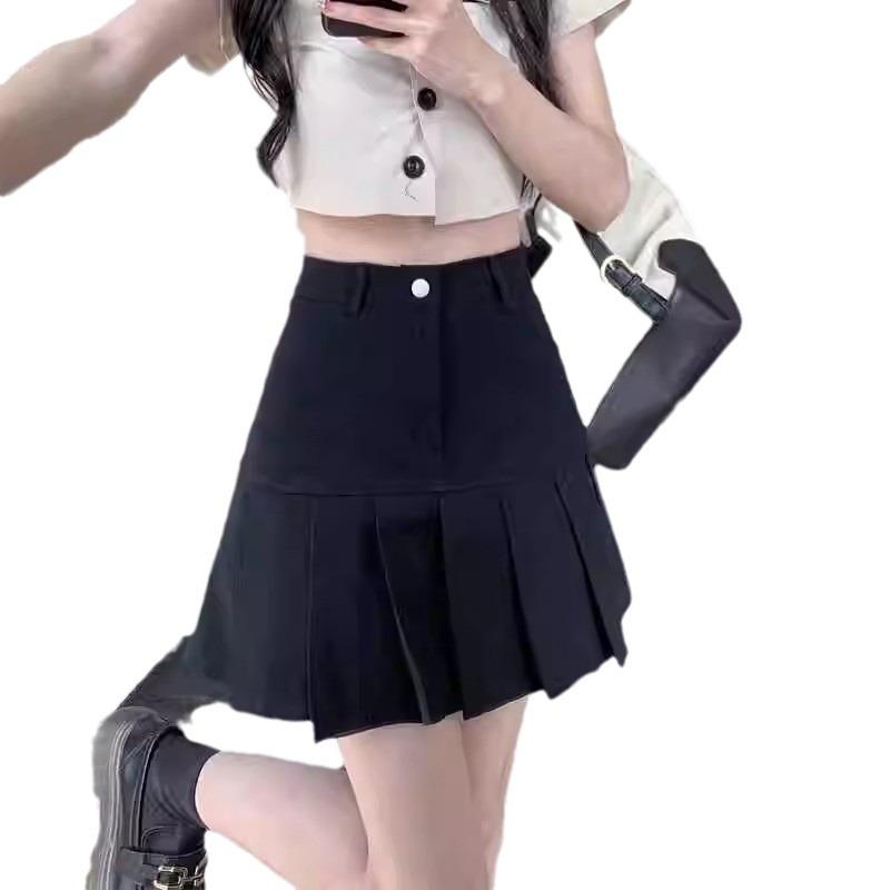 Damen Schwarzer Hochtaillierter A-Linien Plissee Midi-Rock, Sommer 2025, Figurbetont, Schlankmachend, Übergröße Vielseitig.