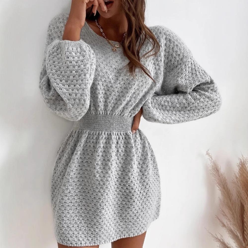 

2024 Autumn/Winter European & American Women’s French Loose Knit Dress with Waist-Cinching Design XS серый