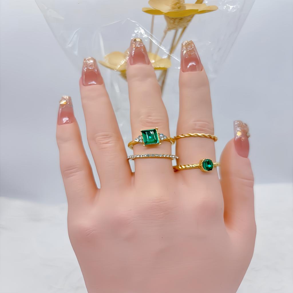 8PCSSet Of Fashionable And Retro Imitation Gemstone Snake-Shaped Twisted Rings For Women, Retro Wave Geometric Inlaid Rhinestone