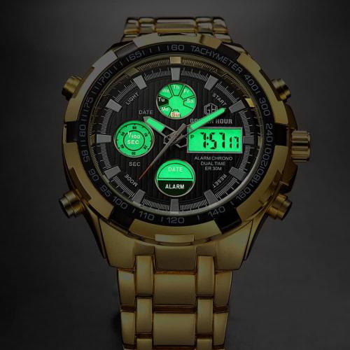 GOLDEN HOUR Luxury Stainless Steel Analog Digital Watch for Men, Outdoor Sports, Waterproof, Big Heavy Watch, Gold Black, Minimalist.
