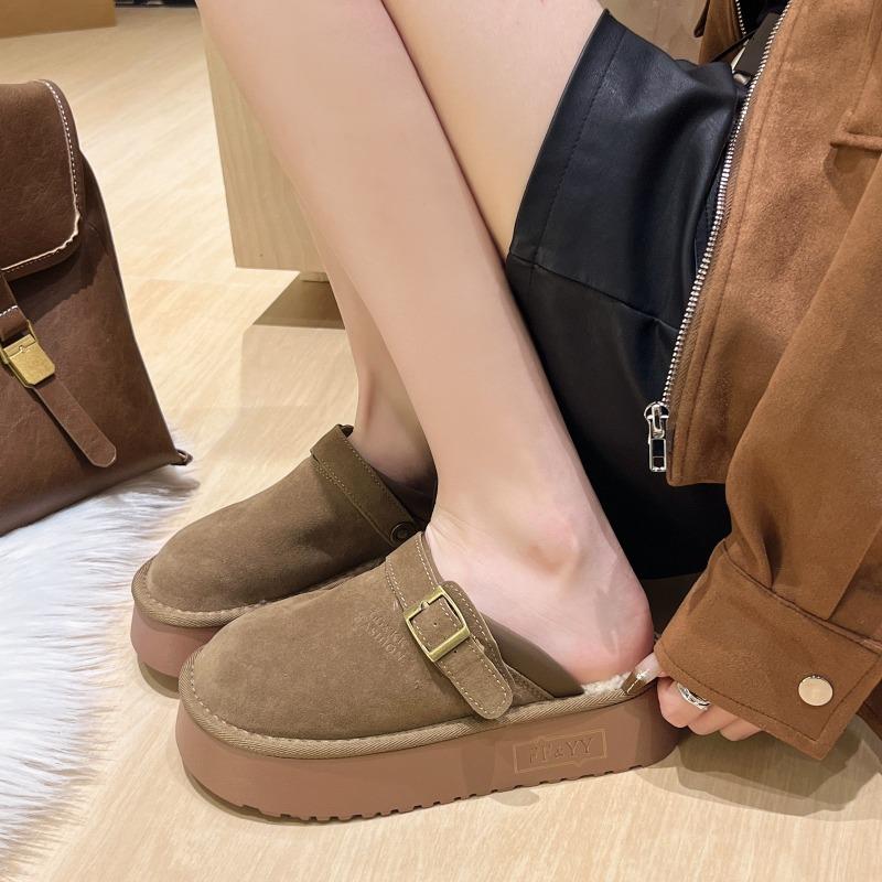 Thick-soled Wear-resistant Shoes for Women's Autumn and Winter New Bag Head Half Slippers for Women To Wear Two Snow Fluffy Slippers
