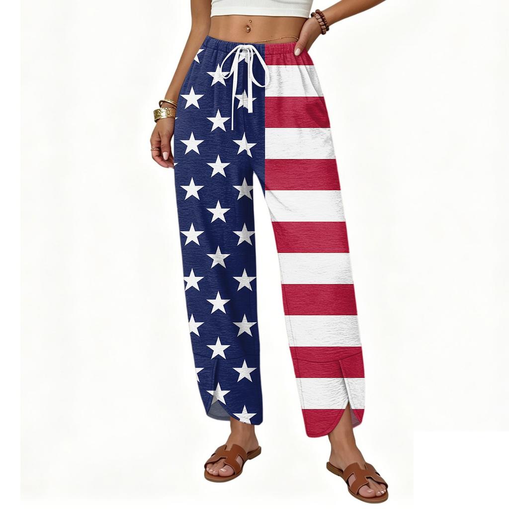 Women Casual Loose Straight Leg Wide Leg Drawstring Printed Long Pants with Pockets for Everyday Relaxed Wear