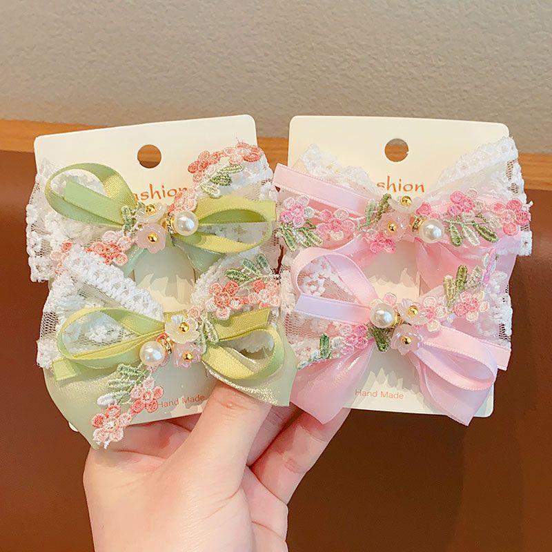 1Pair Cartoon Fashion Floral Embroidery Lace Pearl Bowknot Barrettes Cute Kid Princess Hair Clip Hair Accessories Girls Gifts
