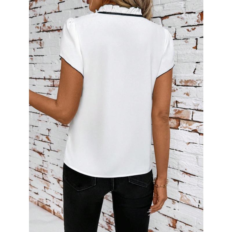 YYFS Women's Fashion Casual Summer Spring Flower Pattern Print Short Sleeve Stand-Neck Blouses & Shirts