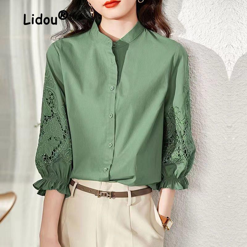 Fashion Hollow Out Embroidery Blouse Women New Classic 3/4 Sleeve Sense of Design Solid Color Single-breasted O-collar Top