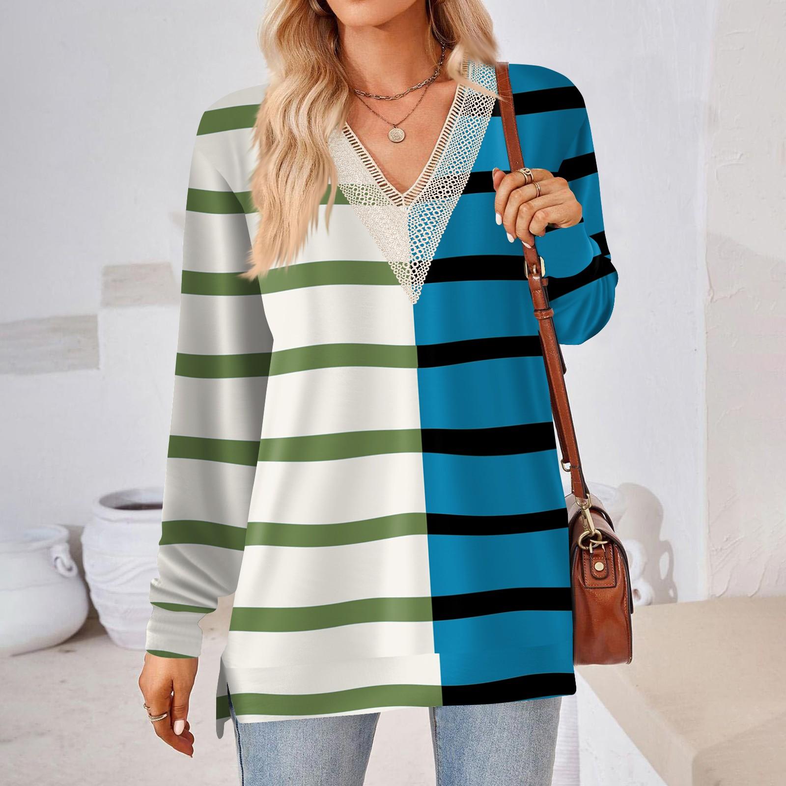 

Womens Tops Loose V-neck Contrast Color Split Loose Long Sleeve T-shirt Women s Tops L синій