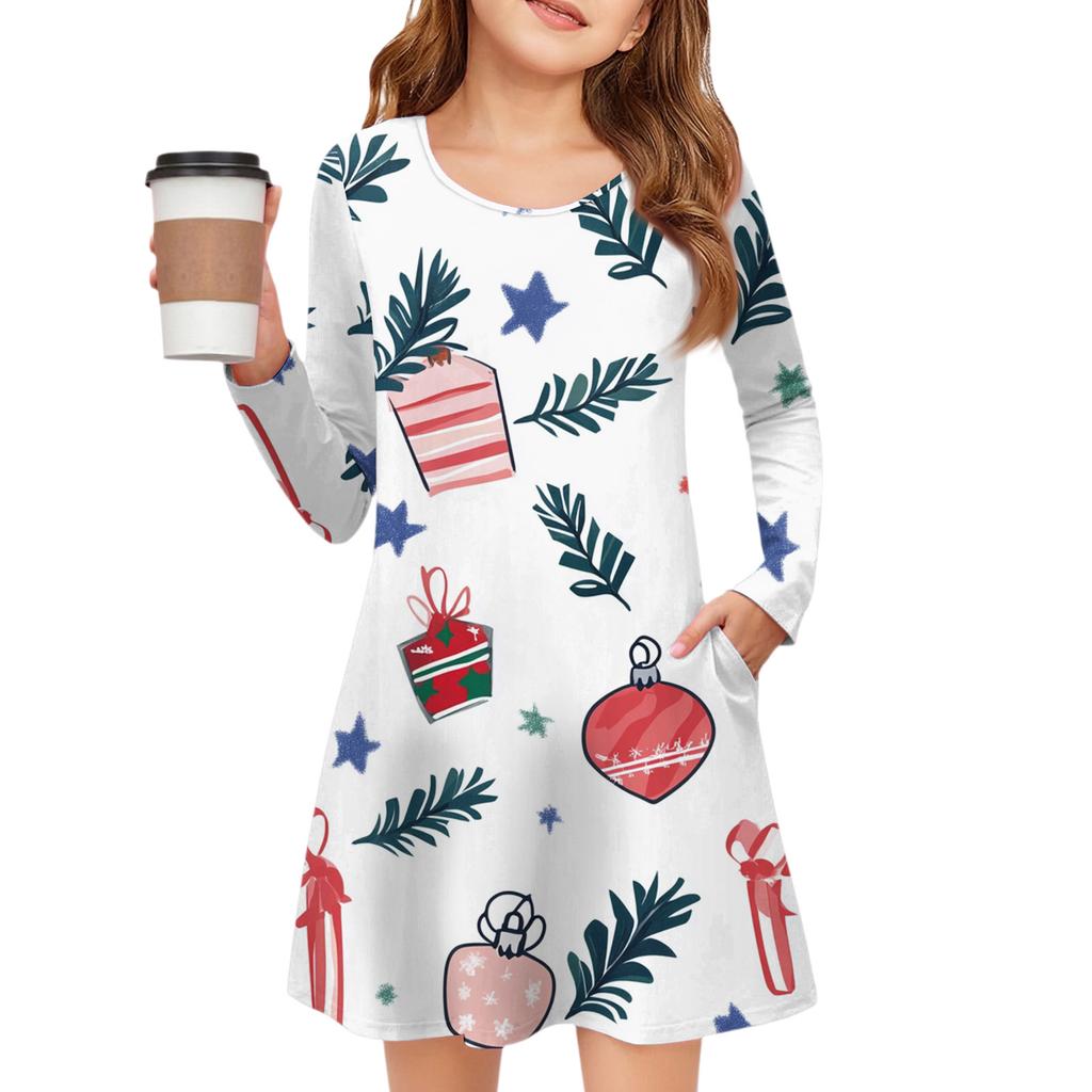 Christmas Day Girls' Long Sleeve Dress - Color Pocket Dress