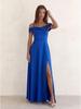 Rochie de seară europeană și americană cu bretele, off-shoulder, din satin, în culoarea Albastru Marin Hawaiian