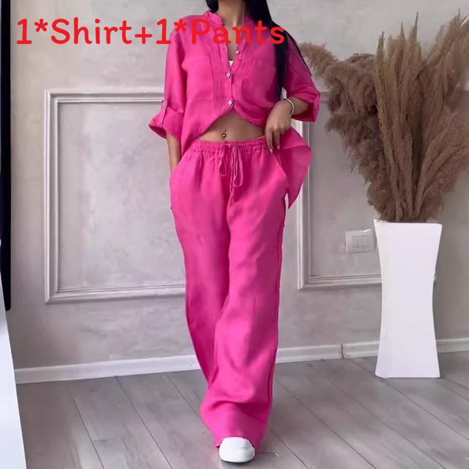 Casual Cotton Linen Shirt And Drawstring Wide Leg Pants Set For Women Spring