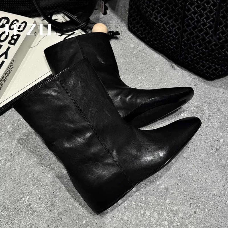 Cowhide version~ retro niche square head inner height-increasing sleeve short boots women's autumn and winter mid-tube boots Chelsea Martin boots