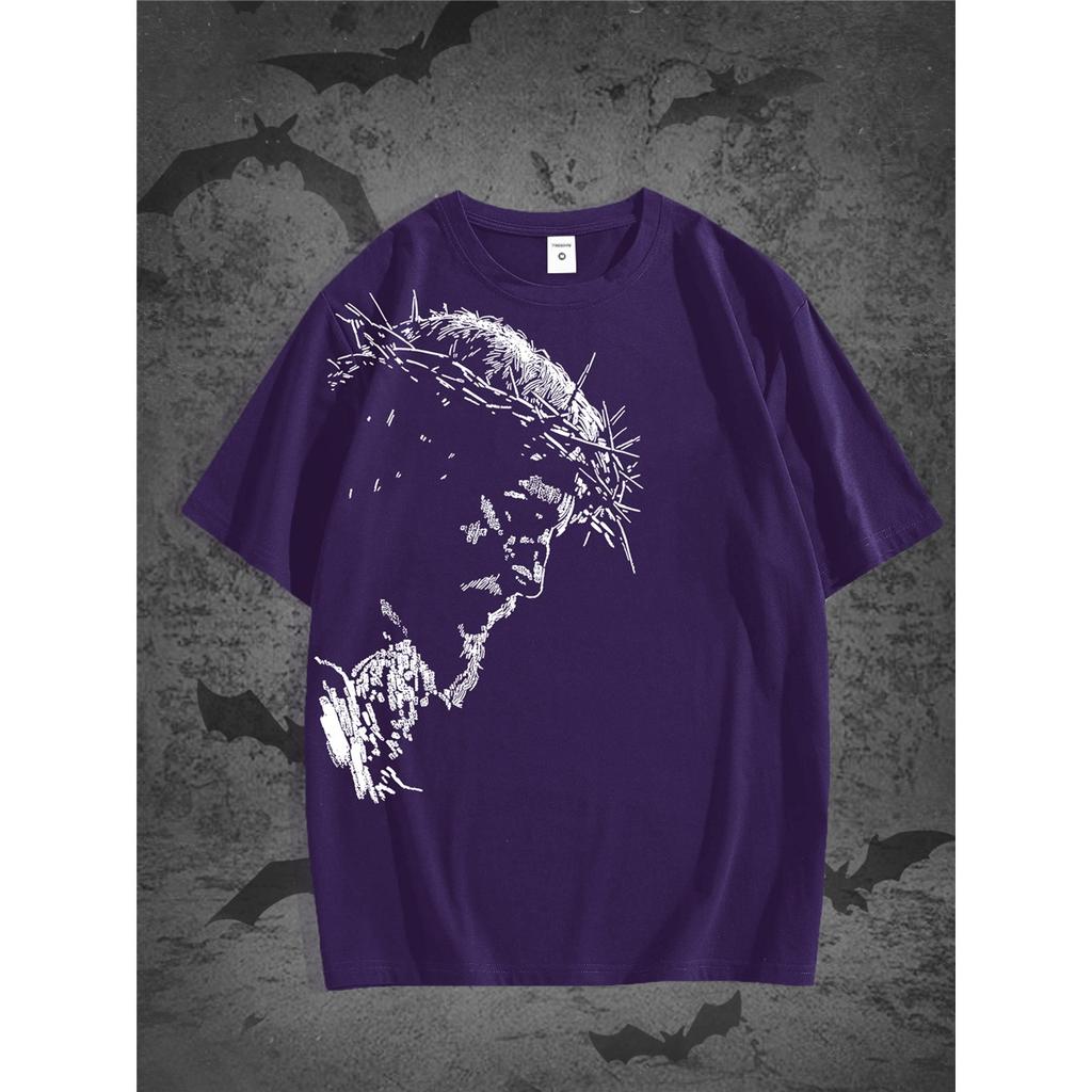 Vintage Jesus Head Print T-Shirt - Distressed Religious Icon Suitable for Church, Study & Casual Wear - Solid Color Round Neck Summer 