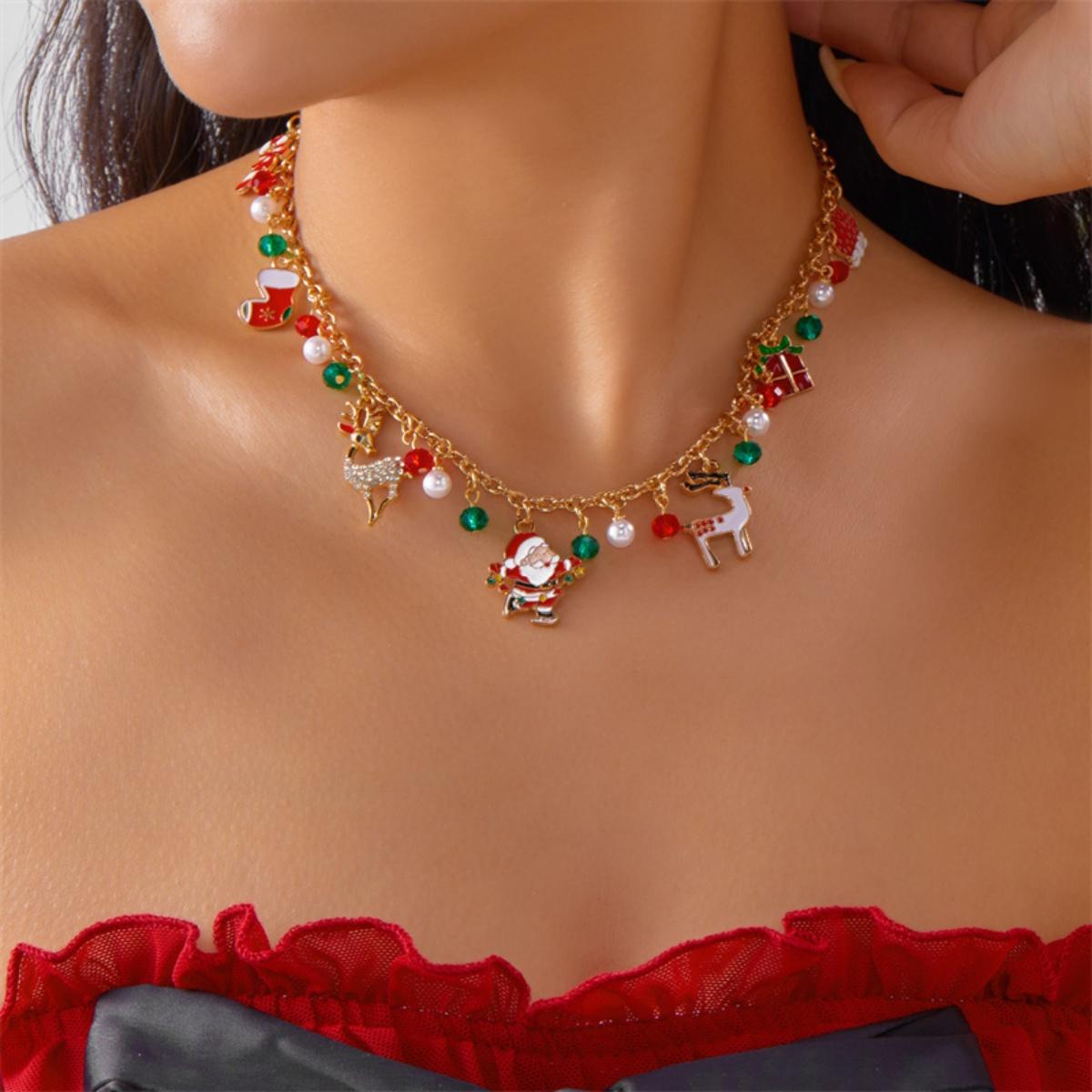 

Christmas Choker Cane Reindeer Santa Claus Gift Box Tree Snowman Crystal Bead Fringe Pendant Necklace For Women Men Holiday Gift