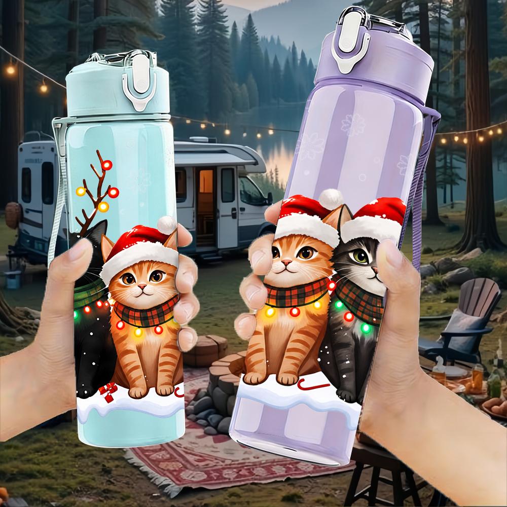 1PC Santa Hat Three Cats Christmas 750ml Color Plastic Sports Water Bottle Leakproof Flip Straw Lid Suitable for Sports Office Home Use