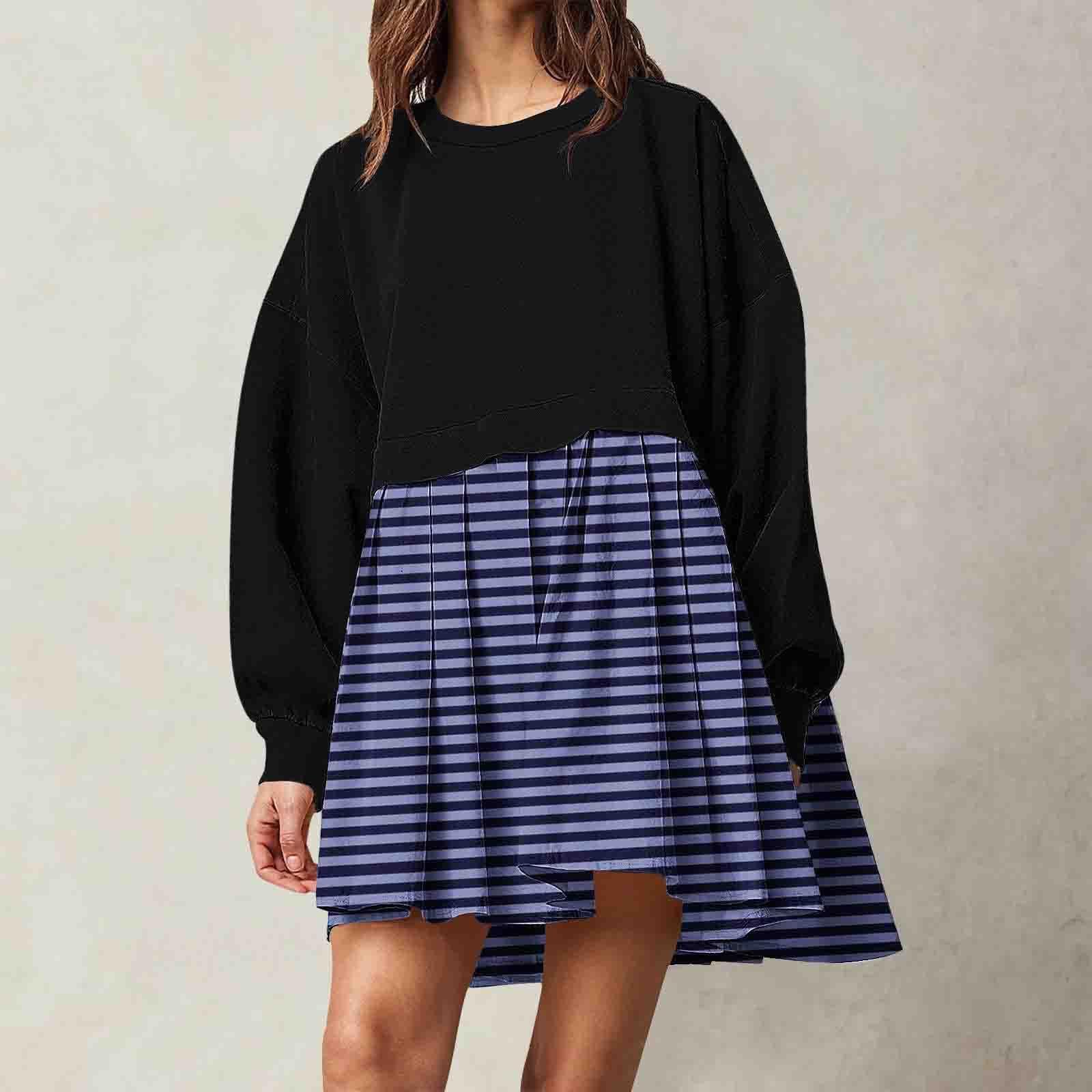 

Women s Fashion Casual Round Neck Long Sleeve Patchwork Pullover Sweatshirt Printed Dresses XL Темно-синій