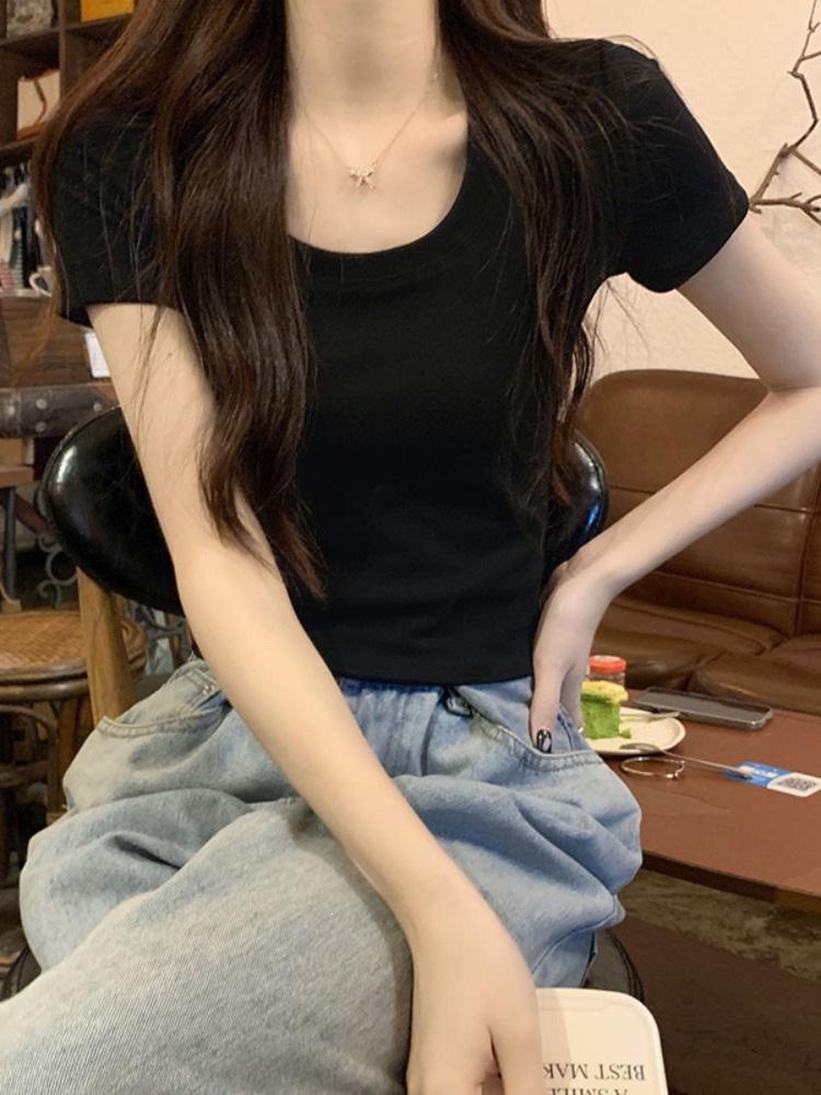 U-neck live broadcast quality summer burgundy slim and thin front shoulder short-sleeved T-shirt women