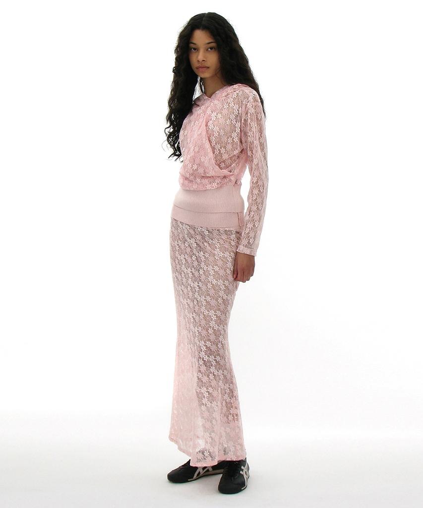 Partimento Woman Lace Flare Maxi Skirt_Pink