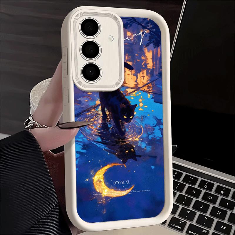 Phone Case for Samsung Galaxy S26 S25 Ultra S24 FE Night Moon Cat Dreamy Art Shell S23 Plus S22 + S21 S20 5G Soft Silicone Funda