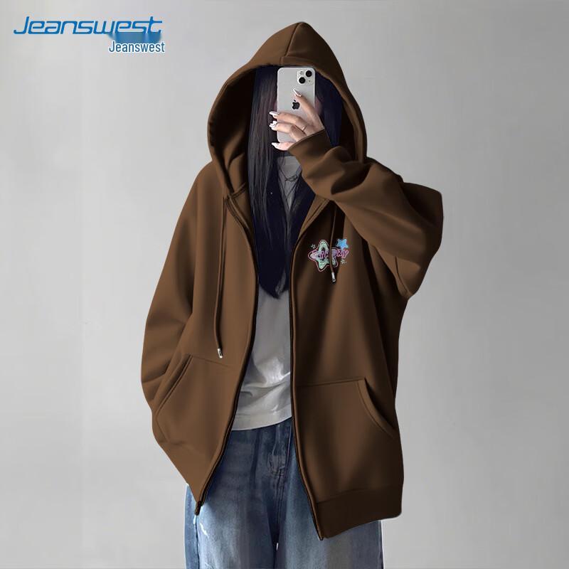 JEANSWEST 2025 Women's Loose Hooded Zip Sweatshirt