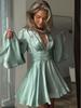 European & American Party Satin Bell Sleeve V-neck Waist-Cinching Short Dress