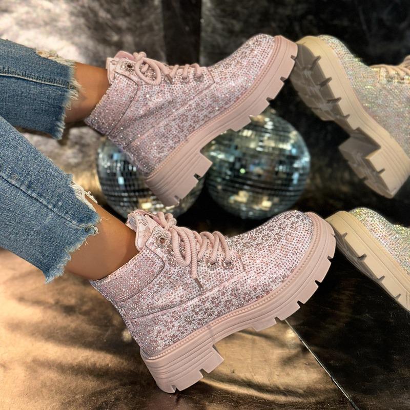 Retro Booties Fall Winter New Rhinestone Lace-up Round Toe Platform Plus Size Women's Shoes