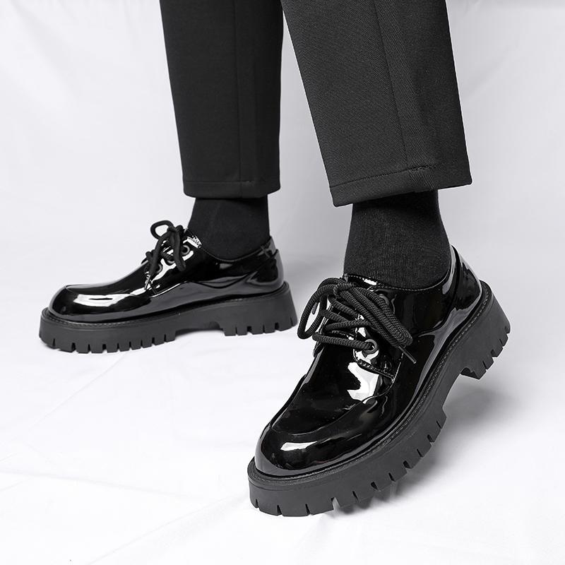 Fashion New Solid Color Men's Thick-Soled Lace-Up Casual Shoe Round-Toed Comfortable British-Style Business Shoe Anti-Slip Walking Shoes