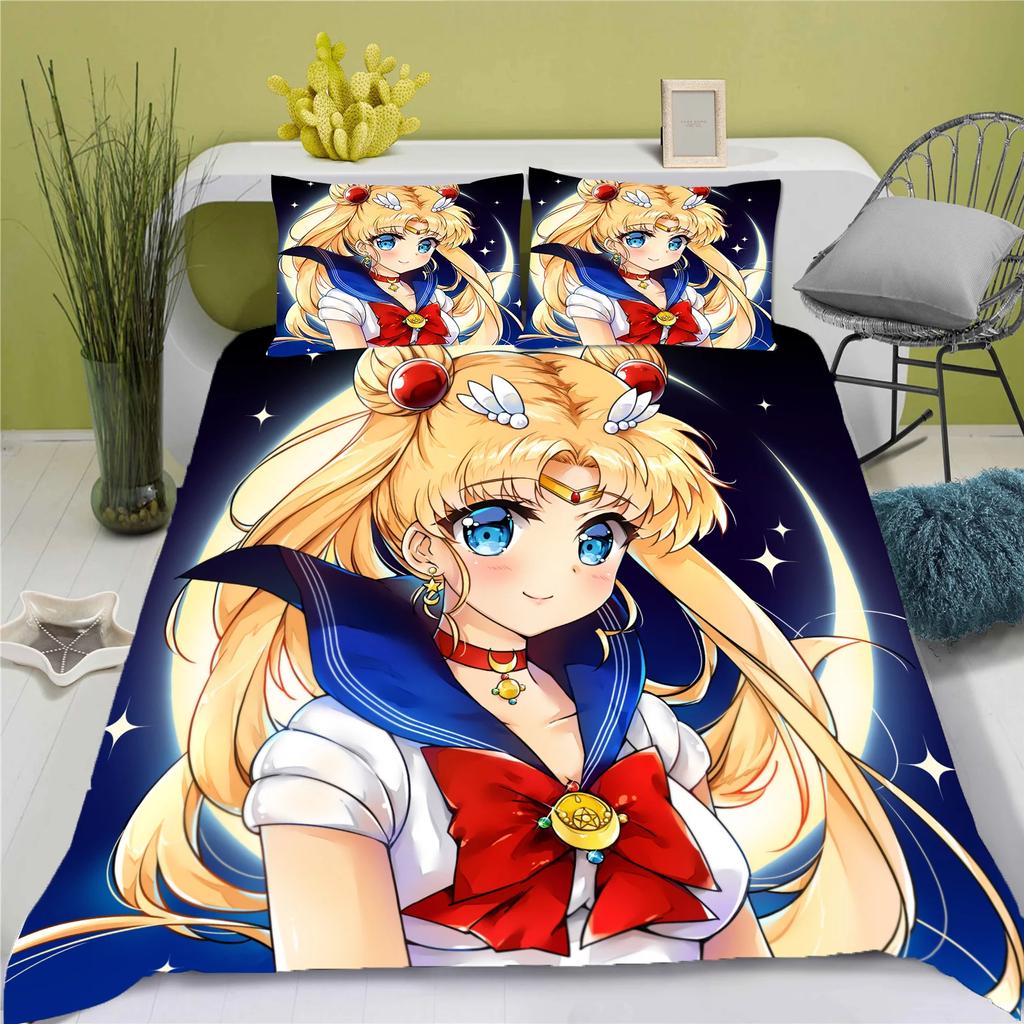 3D Anime posteľná súprava Sailor Moon obliečka na paplón 100% polyester vhodná pre deti a dospelých 3-dielna súprava 1 obliečka na paplón