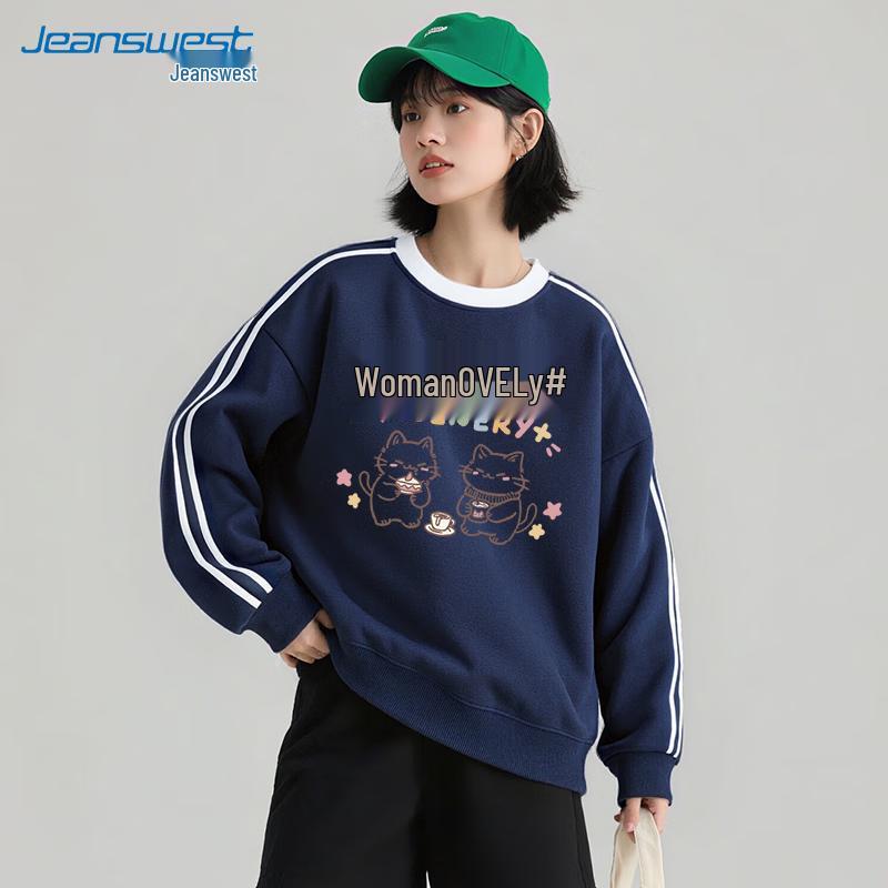 

JEANSWEST Women s Loose Fit Cake Cat Print Round Neck Sweatshirt L