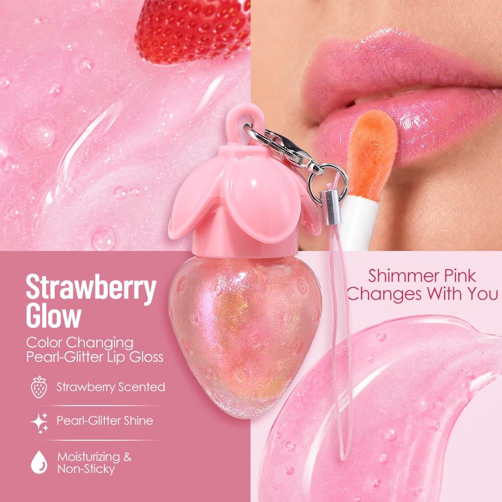 Süßer Erdbeer-Lipgloss mit Schlüsselanhänger-Riemen, Schimmernder Glitzer-Flüssiglippenstift, Feuchtigkeitsspendendes Lip Glow Öl, Pinker Spiegel-Lipliner für das Tägliche Natürliche Make-up