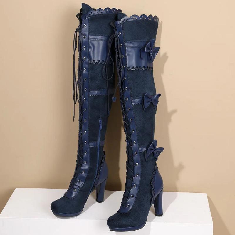 Fashion 2025 Big Size 43 Women's Black Goth Over knee Boots Lace Up Retro Gothic Black High Heels Boots Vampire witch Cosplay Shoes Bow