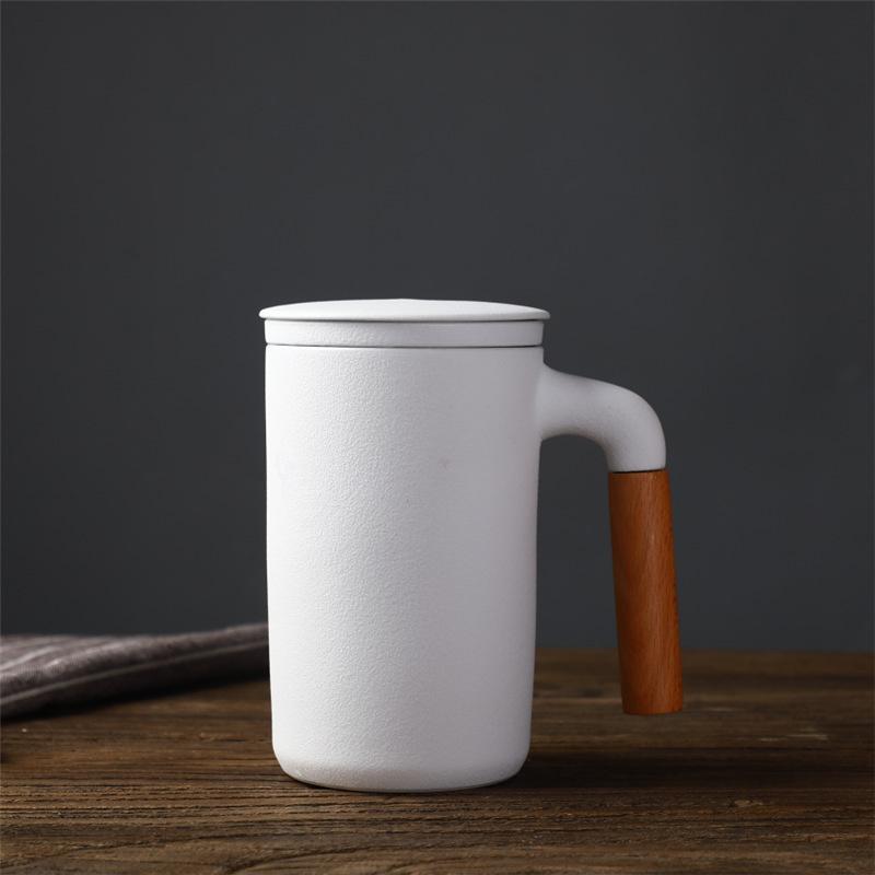 Japanese Style Stoneware Ceramic Mug With Filter Wooden Handle Flower Tea Cup with Lid Tea Water Separation Drinkware Gift