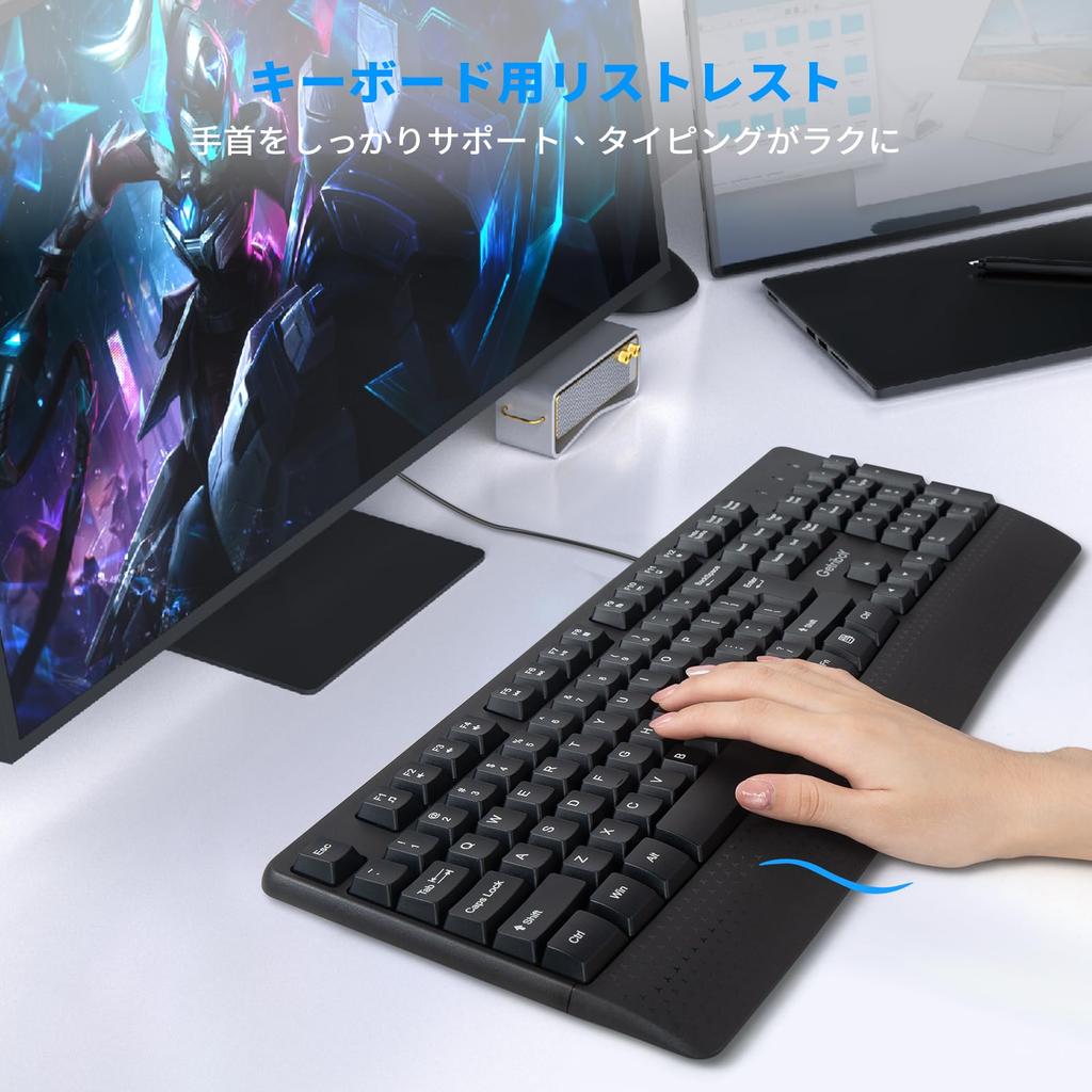 HUO JI Kabelgebundenes Tastatur- und Maus-Set Englisch mit Ziffernblock, Wasserdichte Membran-Tastatur mit Handballenauflage, USB-Stecker, Kompatibles Set, Layout, Leise, Vollformat-Tastatur,