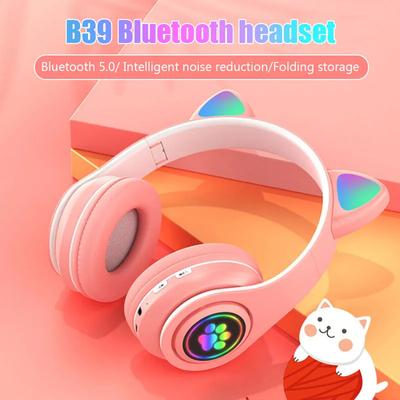 Bluetooth 5.0 Headphone with Microphone Cute Cat Ear Wireless/Wired Foldable Headphone Bass RGB Breathing Light for Boys/Girls