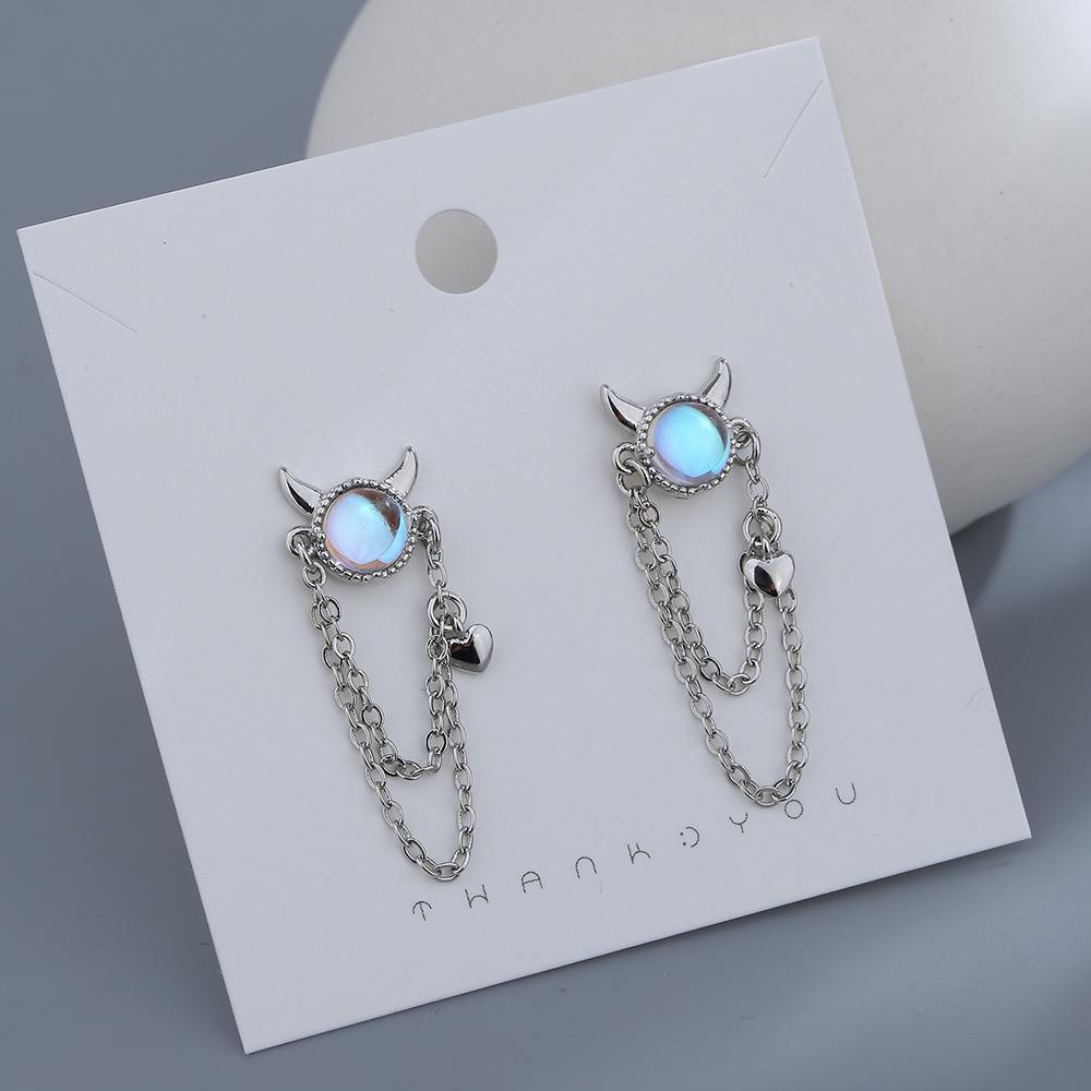 Moonstone Double Layer Heart Tassel Earrings - Y2K Spice Girl Style