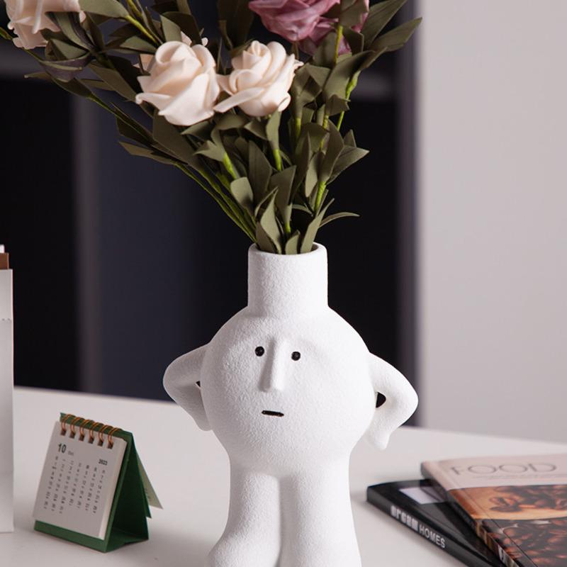 White Ceramic Vase Nordic Human Shape Flower Pot Modern Art Dry Flower Holder Living Room Desktop TV Cabinet Home Decor Ornament