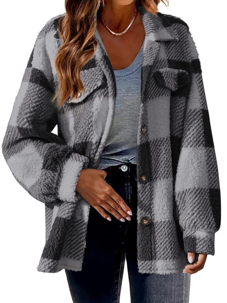 Women Plaid Fleece Jacket ,turndown Collar, Loose and Casual, Long-sleeved ,Fleece Jacket,button,pocket Jacket
