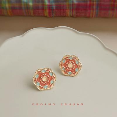 Original Painted Pattern New Chinese Style Guochao Needle Enamel Drip Glaze Flower New Earrings, Stud Earrings
