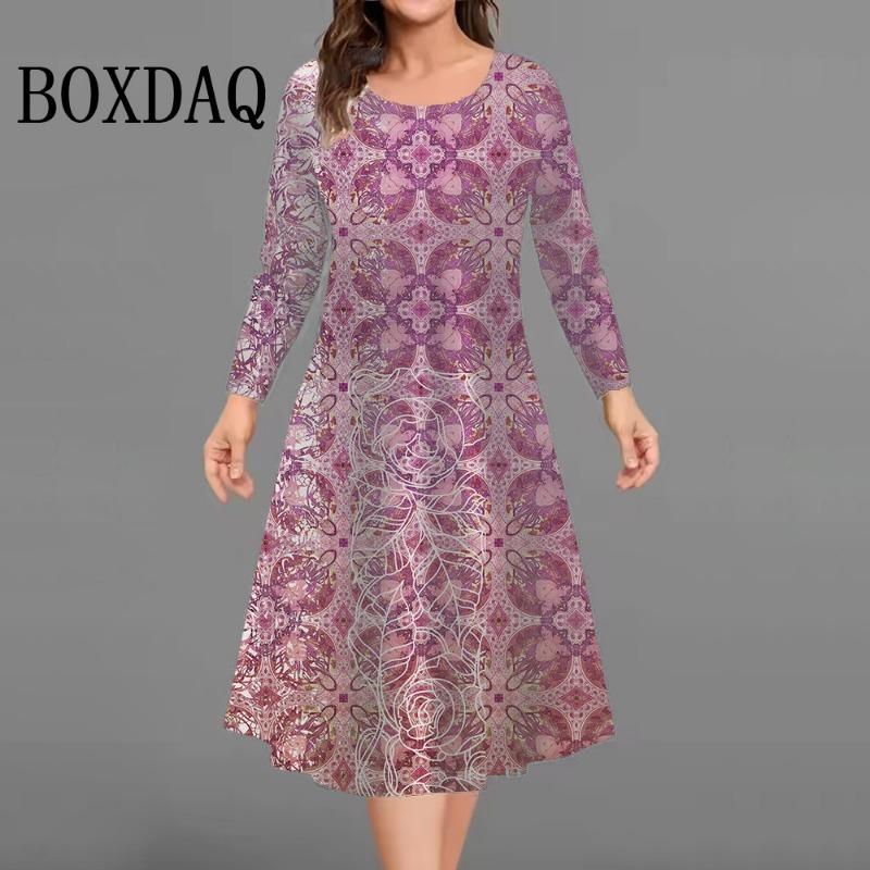 Fashion Elegant Women Dresses Autumn Winter Long Sleeve Loose Casual Flowers 3D Printed Dress Plus Size
