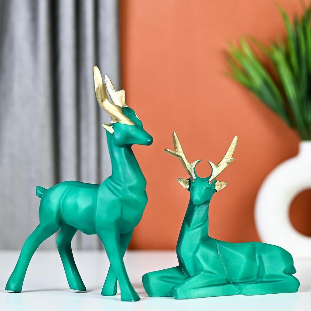 Set of 2 Deer Resin Showpieces Hiran Statues for Home and Office Décor, Nature-Art Pieces, Ideal Gift for Nature Lovers, Family, and Friends (Green)
