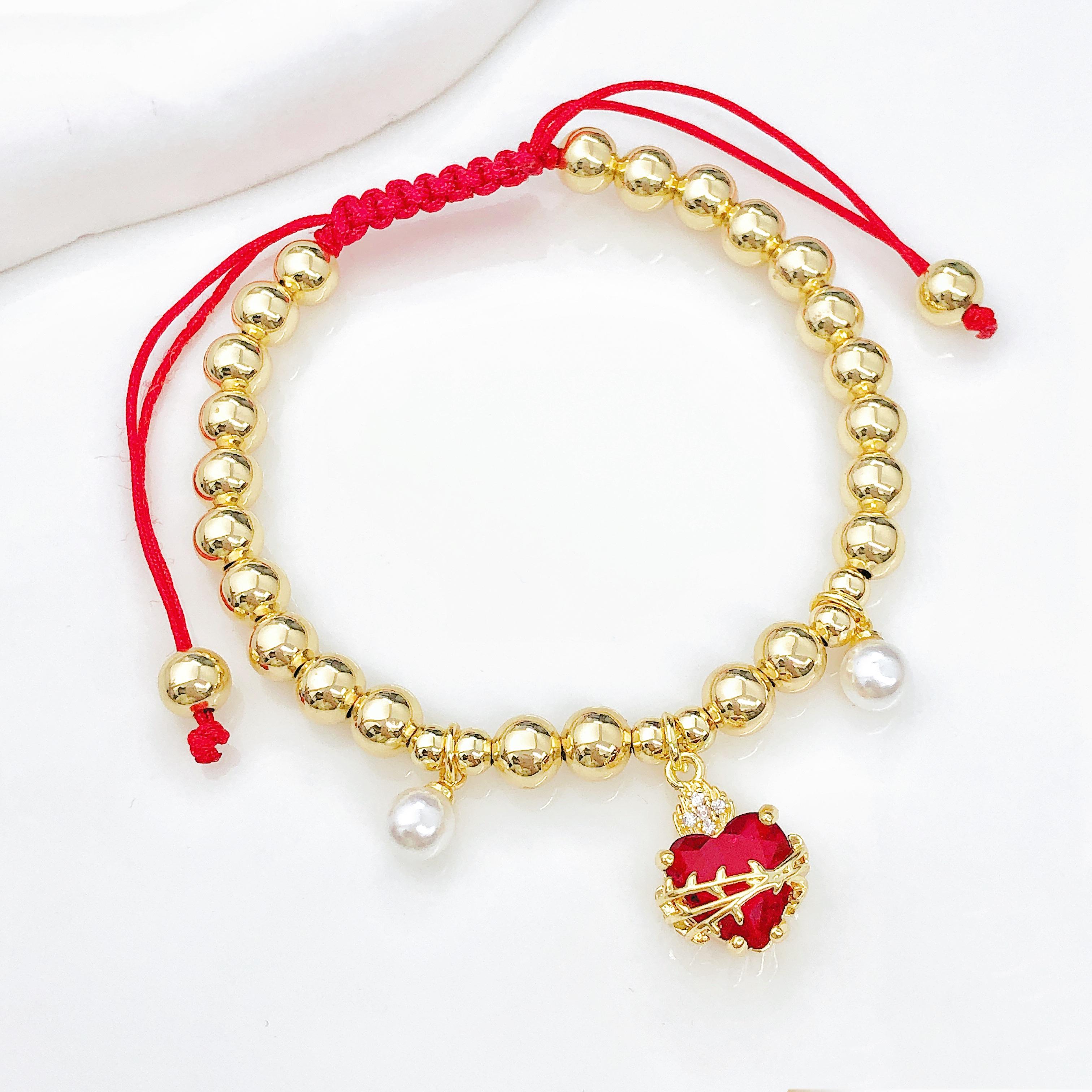 

Red Sacred Heart Of Jesus Cross Zircon Copper Bead Chain Bracelets For Women Men Trendy Gold Plated Religious Zircon Gifts