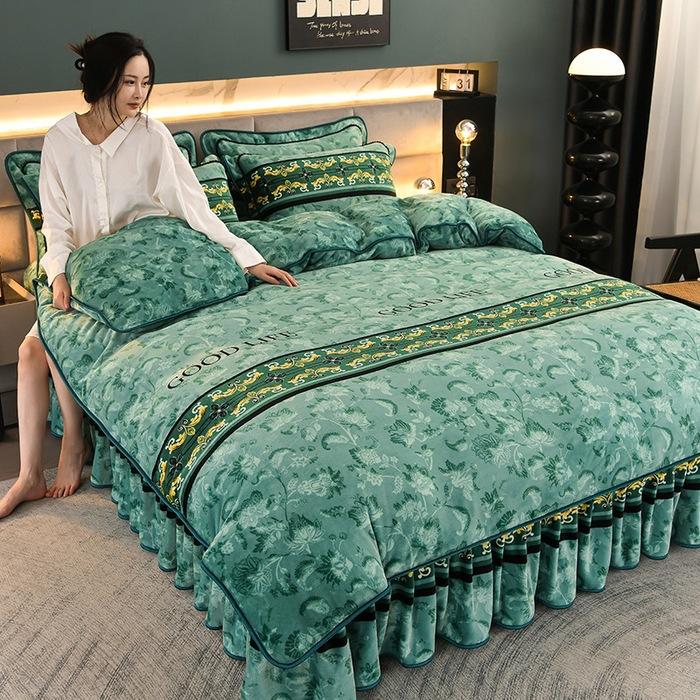 Thickened Milk Fleece Four-Piece Warm Double-Sided Coral Fleece Quilt Cover Flannel Sheet Bed Skirt Bedding