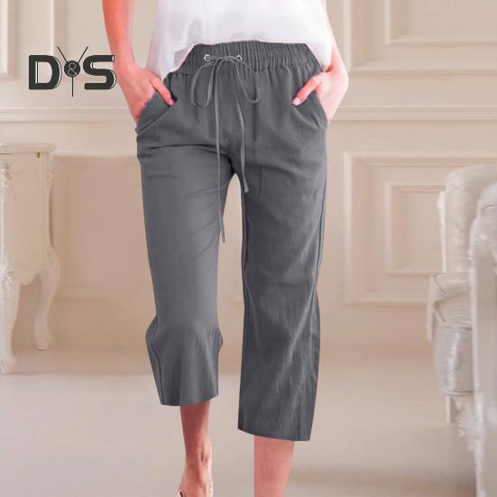 Frauen Sommer Hosen Jogginghose Einfarbig Gerade Weiche Elastische Taille Kordelzug Hosen Mittlere waden Länge Geerntete Hosen