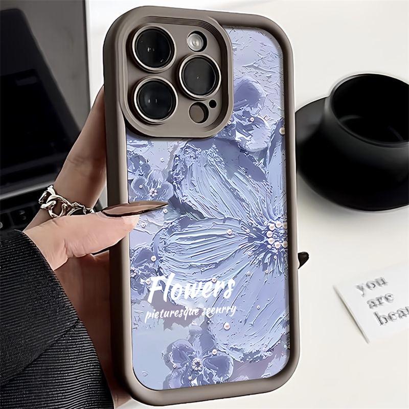 Candy Color Tpu Soft Phone Case for iPhone 16 Pro 15 14 Plus 13 12 11 Pro Max Xs Xr 8 7 Shockproof Relief Blue Flower Pattern Lens Protection Cover