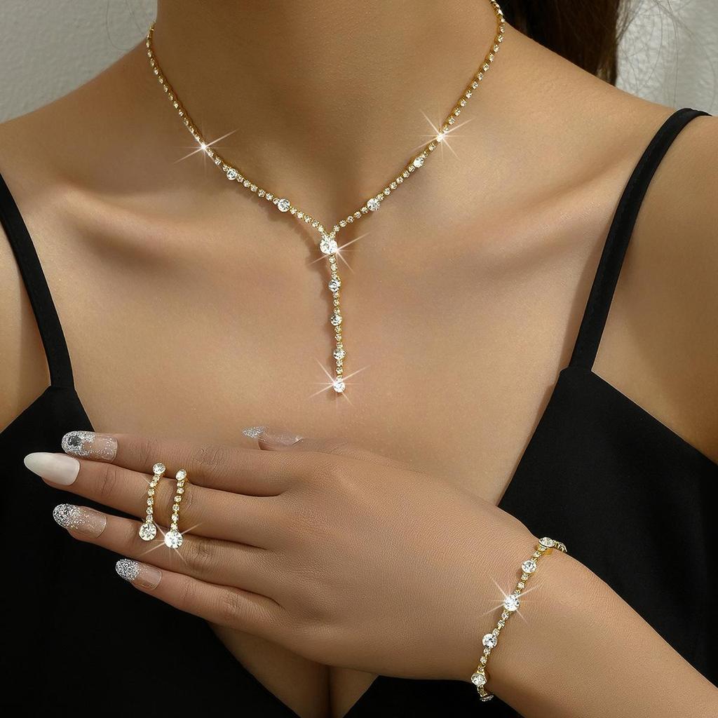 Stříbrná vodní diamantová šperková sada: Dámské náušnice, náhrdelník a náramek - Jednoduché třídílné svatební doplňky