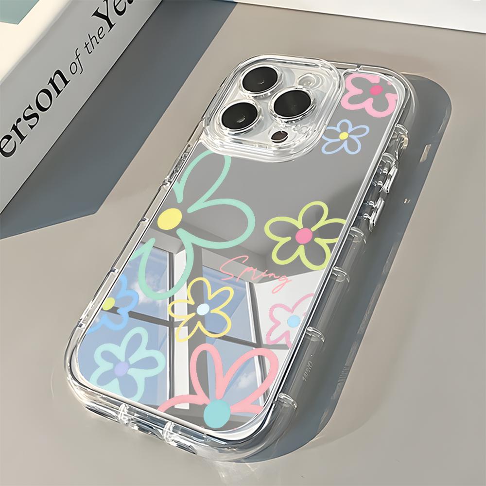 Cute Colorful Doodle Floral Mirror Soft Phone Case For iPhone 17 16 15 14 13 12 11 Pro Max 17 Air X XR XS 7 8 Plus Back Cover