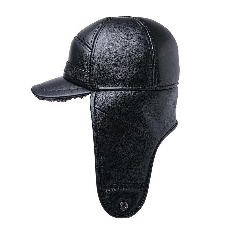 Men Genuine Leather Winter Hat Thick Warm Trapper Cap with Fur Ear Flaps Outdoor Windproof Bomber Aviator Hat Brown for Elderly