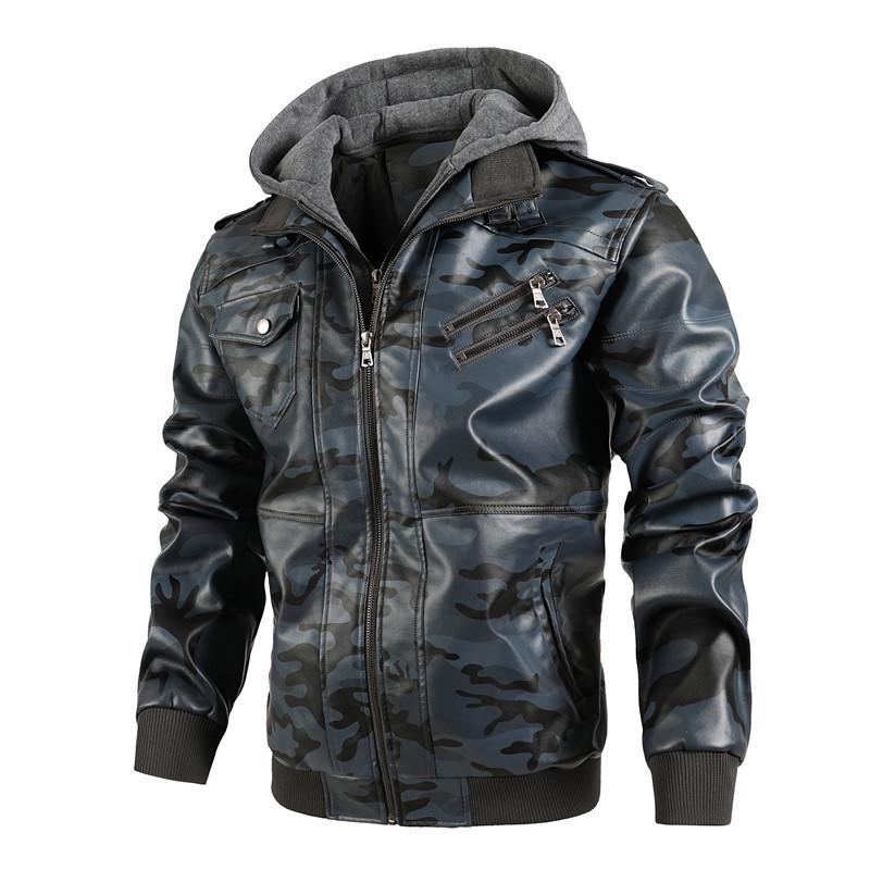 

Black Youth Hooded Leather Jacket with Zipper Welt Pockets and Straight Hem. 4XL синій/камуфляжний