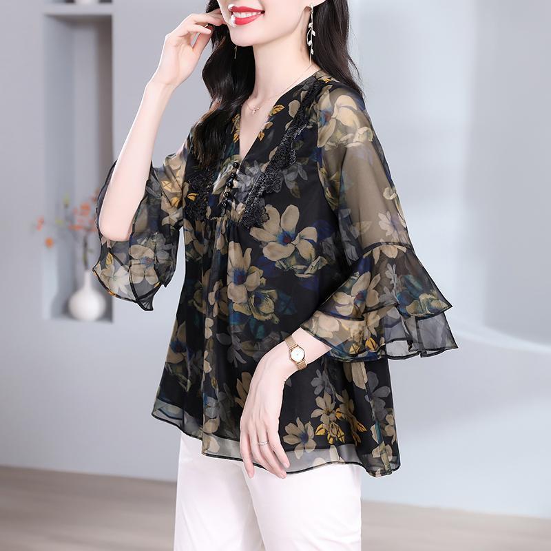 Flowers Shirt Women's Clothing Chic Lace Patchwork Elegant V-Neck Summer Ruffles Half Sleeve Casual Loose Blouse