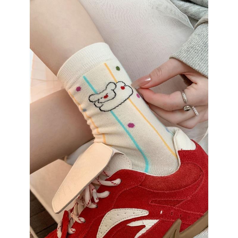 Cute Cartoon Dog, Funny Socks, Women's Mid-calf Socks, Pure Cotton Striped Polka Dot Pile Socks, Long Socks