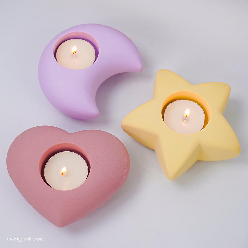 DIY Eid Crescent Moon Star Candle Holder Silicone Mold 3D Heart Candlestick Resin Gypsum Mould Ramadan Ornament Tools Home Decor