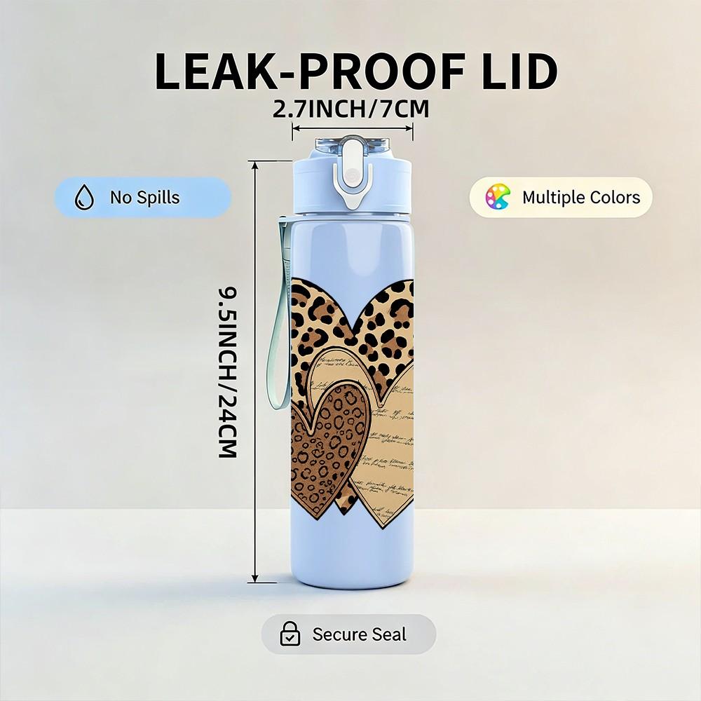 1PC Leopard Texture Twin Hearts 750ml Color Plastic Sports Water Bottle Leakproof Flip Straw Lid For Sports Office Home Use
